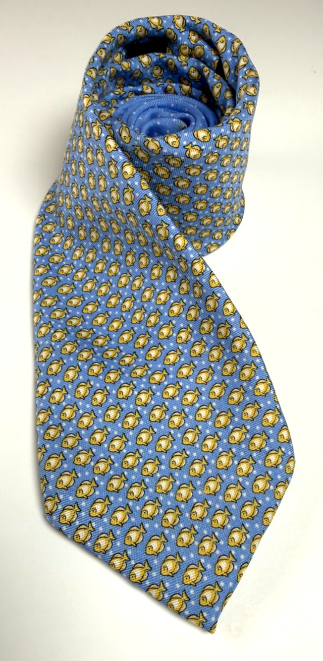 Tommy Hilfiger 100% Silk Necktie Blue Gold Fish Print Men's Classic